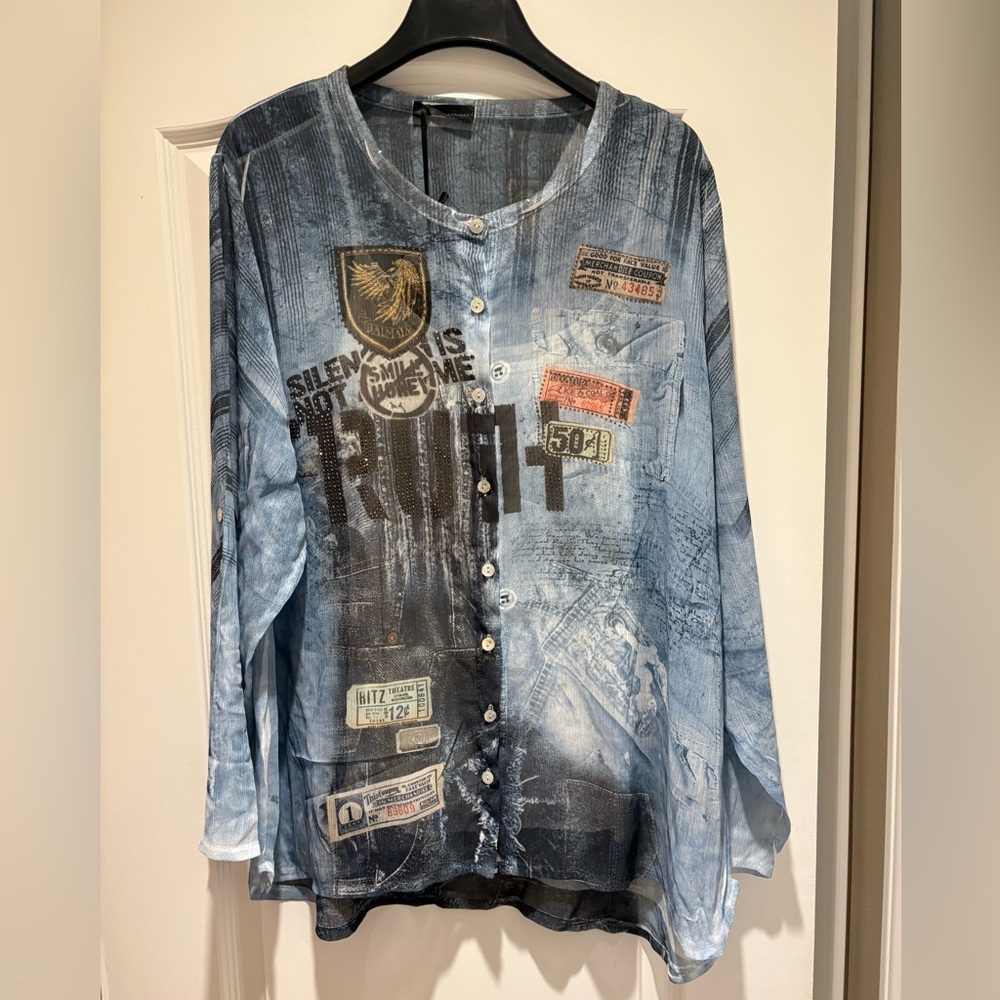 OP Sheer Light Blue Denim-Print Button Shirt with Stud and Patch Accents